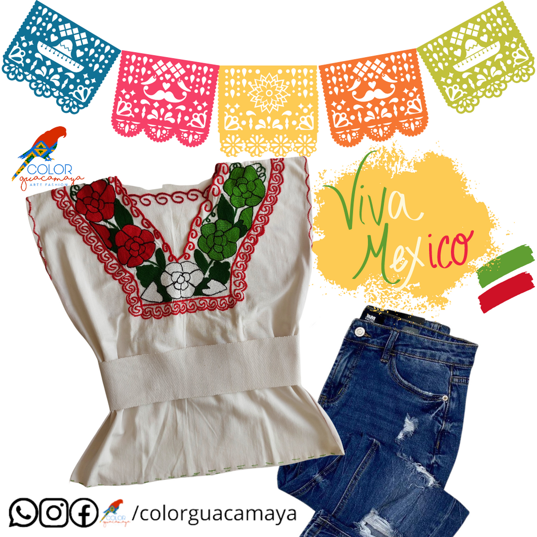 Mexicana Blusa con flores rojas