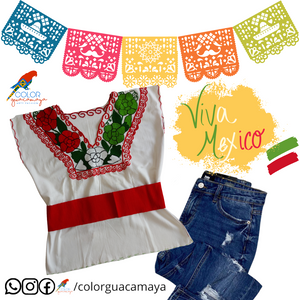 Mexicana Blusa con flores rojas